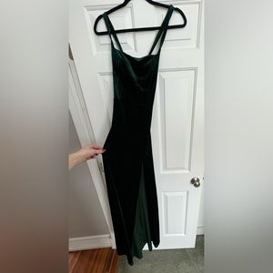 emerald green velour maxi dress with slit and tie up back